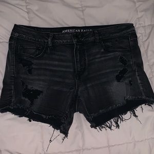 AEO distresses black denim midi shorts
